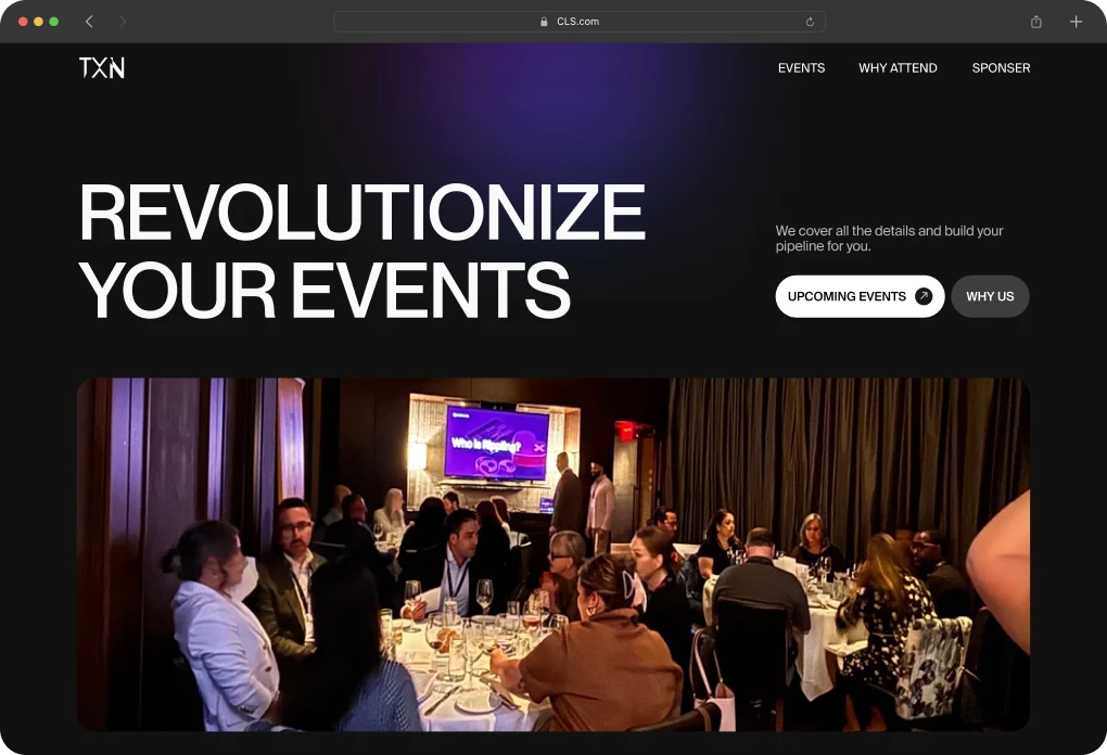TXN events platform landing page in a browser window