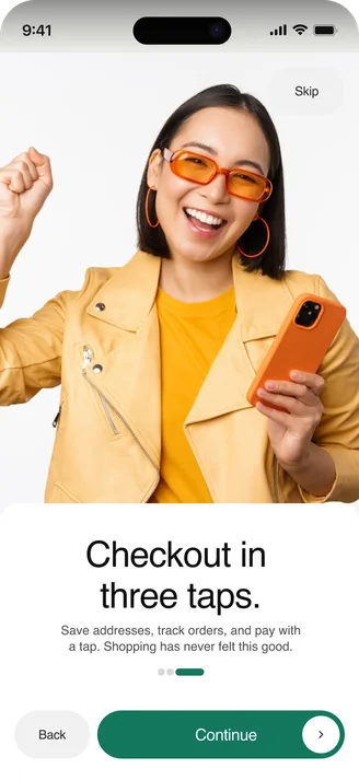 Three mobile screens from an e-commerce checkout flow