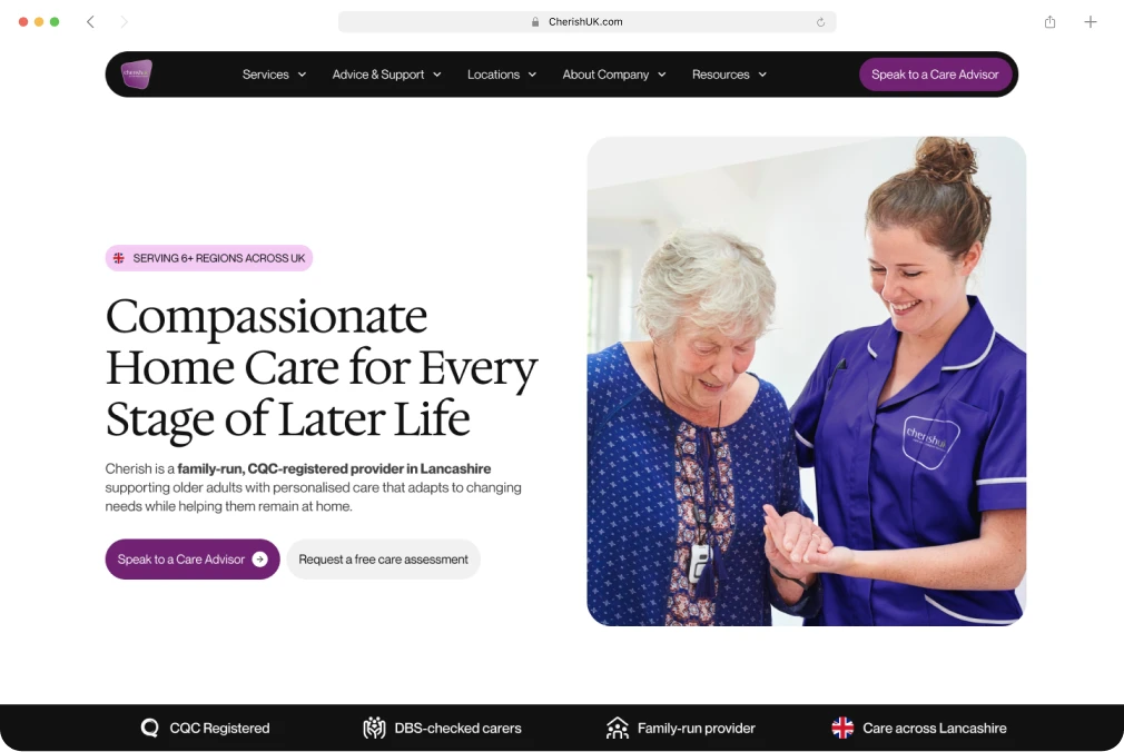 Ovaflame care services website in a browser window