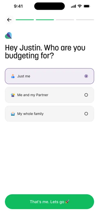 Three onboarding screens from the Prospr budgeting app